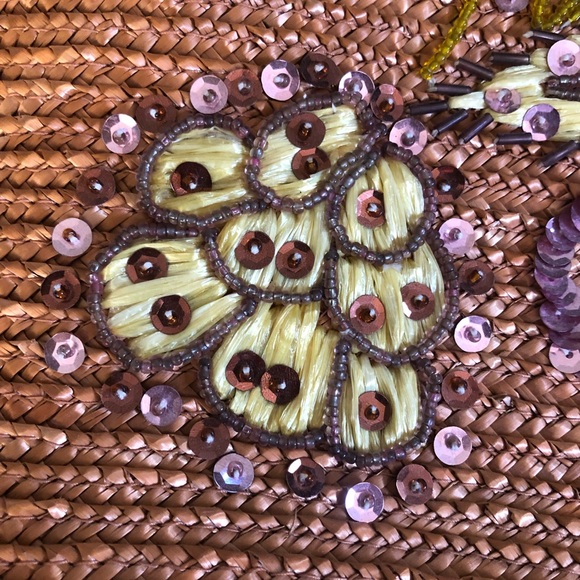 Vintage Look Straw Floral Beaded Sequin Bamboo Handle Purse Bag - Picture 5 of 12